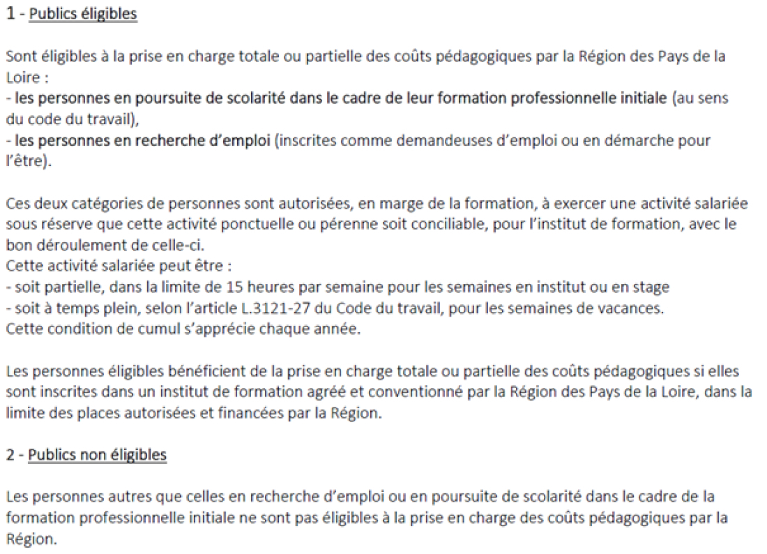 Public &eacute;ligible ou non par la R&eacute;gion