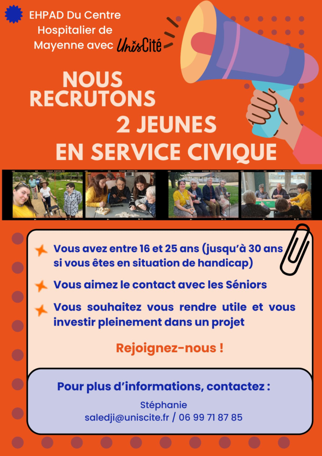 L'EHPAD du CHNM avec Unis Cit&eacute; recherchent 2 jeunes volontaires en Service Civique